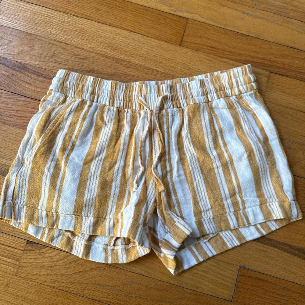 yellow and white striped linen shorts